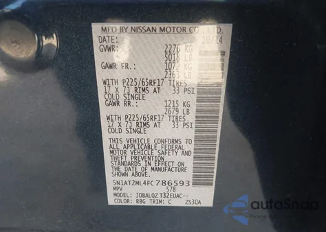 2015 Nissan Rogue Sv from USA, damaged, VIN 5N1AT2ML4FC786593